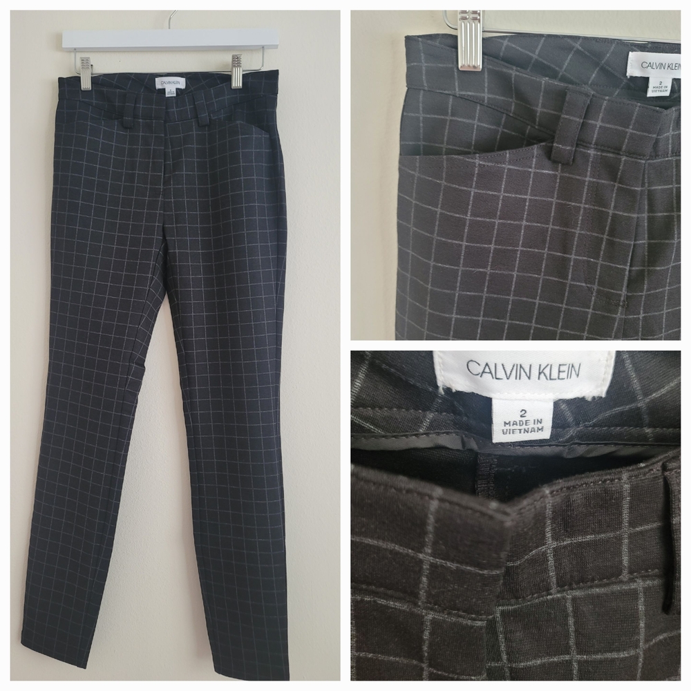 Calvin Klein Women Sz 2 Gray plaid ponte stretch skinny dress pants W/pockets